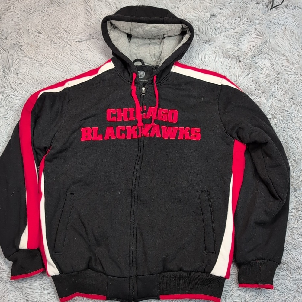 Chicago Blackhawks Jacket Mens L Black Hoodie NHL Ice Hockey Pockets Zip Up